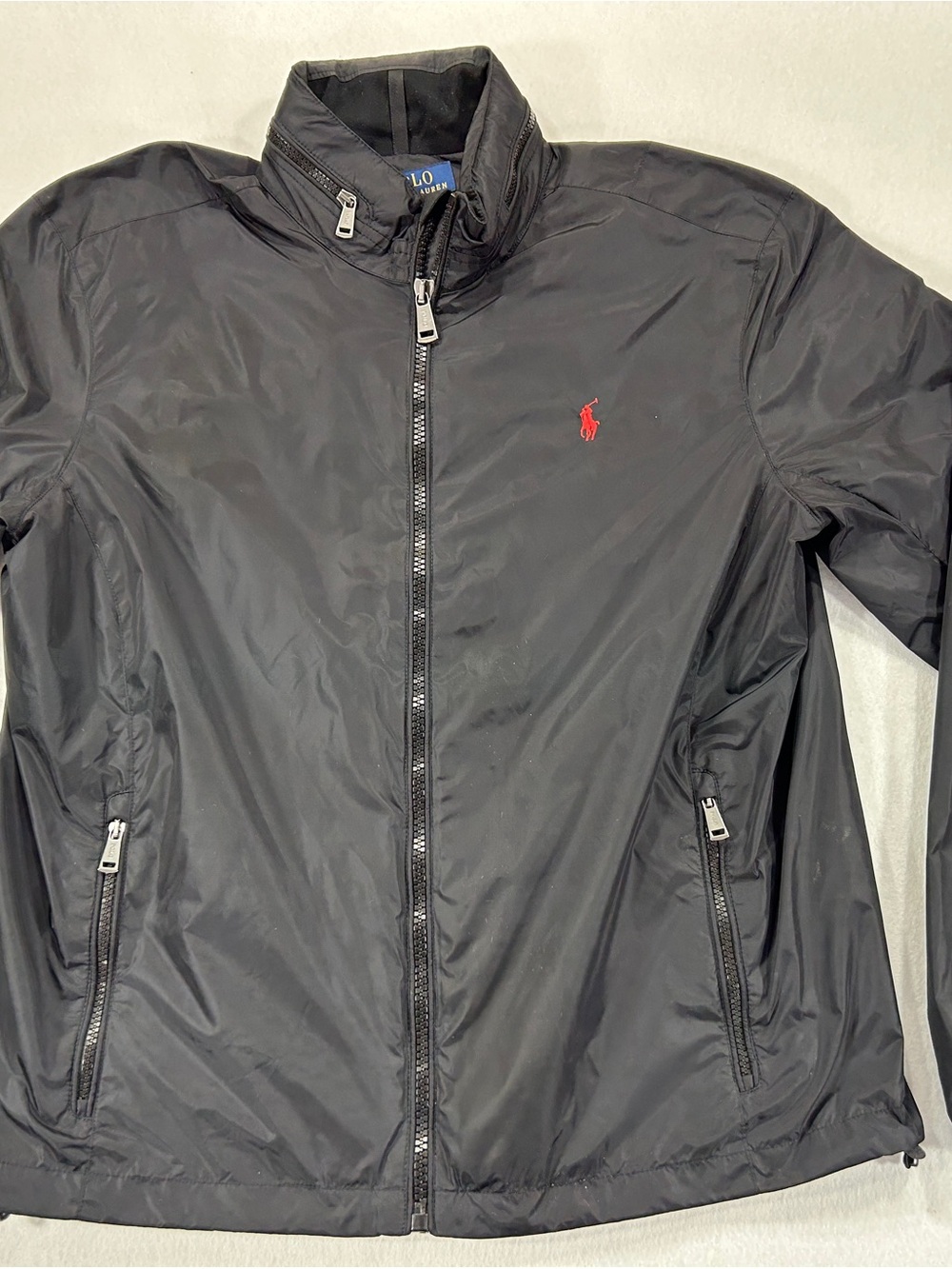 Polo Ralph Lauren Black Jacket Sz Large Men Black Hood In Collar Full Zip Logo